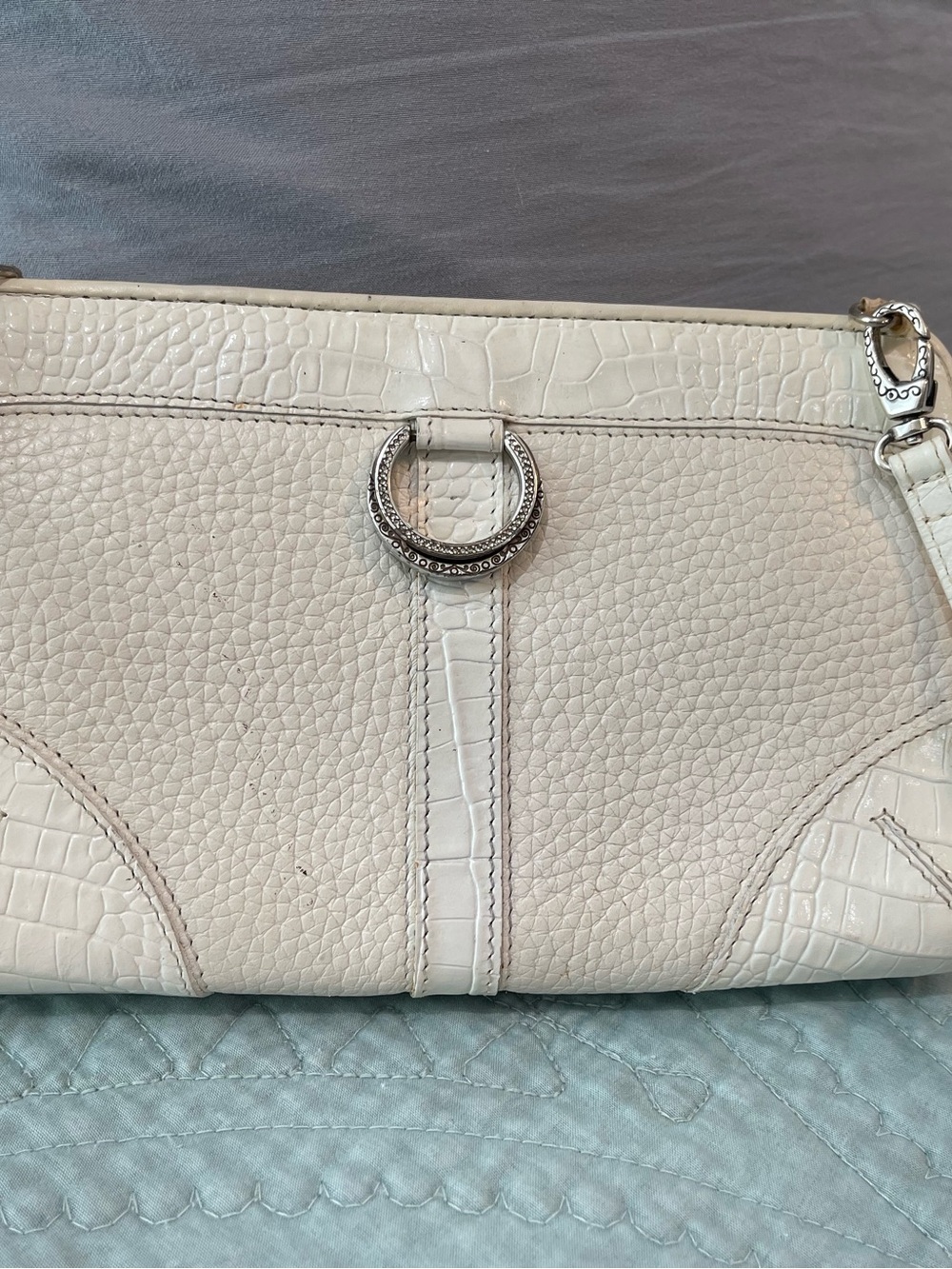 Brighton Cream Textured Leather Shoulder Bag with Silver Ring